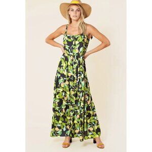 Hale Bob women's large maxi Elbise lemon print‎ black tie sleeve maxi dress